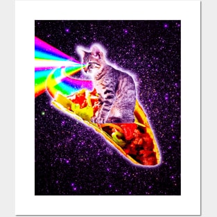 Rainbow Laser Eyes Galaxy Cat Riding Taco Posters and Art